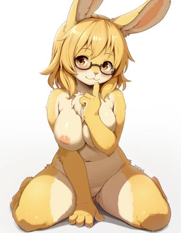 4_fingers amber_eyes anthro areola bangs big_breasts blonde_hair blush blush_lines breasts chest_tuft claws closed_smile countershade_fur countershade_torso countershading covering covering_breasts covering_self eyebrow_through_hair eyebrows eyewear eyewear_only featureless_crotch feet female female_anthro finger_claws finger_to_mouth fingers front_view fur glasses glasses_only hair inner_ear_fluff kemono looking_at_viewer medium_hair mouth_closed navel nipples nude nude_anthro nude_female pink_areola pink_nipples pink_nose pose pupils simple_background sitting smile smiling_at_viewer solo tan_body tan_fur text thick_thighs translucent translucent_hair tuft wariza wearing_glasses white_background white_body white_claws white_countershading white_fur wide_hips yellow_body yellow_fur sinelesh lagomorph leporid mammal rabbit artist_name colored digital_drawing_(artwork) digital_media_(artwork) full-length_portrait pinup portrait