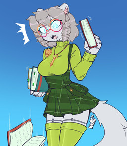 anthro blue_background blue_eyes book bottomwear breasts clothing female fur green_clothing green_shirt green_topwear grey_body grey_fur grey_hair hair holding_book holding_object legwear looking_down open_mouth shirt simple_background skirt solo stockings surprised tail topwear waffl3sk4t mammal mink mustelid musteline true_musteline 2026 digital_media_(artwork) hi_res
