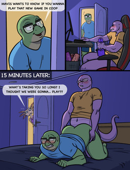 anal anal_penetration anthro ass_up bed belly blush bottomless bottomless_anthro bottomless_male caught_in_the_act caught_masturbating clothed clothing computer dialogue doggystyle electronics eyewear female from_behind_position furniture glasses group inside kneeling love_handles male male/male male_penetrated male_penetrating male_penetrating_male masturbation navel nerd on_bed penetrable_sex_toy penetration sex sex_toy shirt sitting slightly_chubby slightly_chubby_anthro slightly_chubby_male t-shirt text topwear trio kostos_art bennie_(kostos_art) hal_(yarithesnek) mavis_(kostos_art) amphibian aquatic axolotl frog mole_salamander reptile salamander scalie snake 2025 absurd_res colored comic digital_media_(artwork) english_text hi_res
