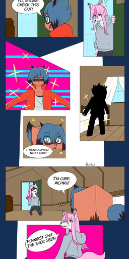 anthro bed blush clothing dialogue door duo emanata female furniture inside sitting_on_another speech_bubble text transformation window blumbino brand_new_animal studio_trigger michiru_kagemori nazuna_hiwatashi canid canine mammal procyonid raccoon absurd_res alpha_channel comic digital_drawing_(artwork) digital_media_(artwork) english_text hi_res