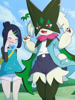 3_fingers accessory anthro bag blue_clothing blue_hair blush claws clothing cute_fangs duo fangs female female_human finger_claws fingers flower_(anatomy) fur green_body green_fur hair hair_accessory hairclip mask open_mouth pawpads paws pink_eyes pink_nose sparkles teeth white_clothing wadorigi nintendo pokemon liko's_meowscarada liko_(pokemon) generation_9_pokemon human mammal meowscarada pokemon_(species) 3:4 absurd_res hi_res female_(lore)