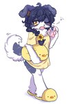 2024 2:3 4_fingers ahoge anthro black_hair blush border_collie bottomwear braided_hair braided_pigtails breasts canid canine canis claws clothed clothing collie cotorita countershading cute_fangs digital_media_(artwork) domestic_dog female female_anthro finger_claws fingers floppy_ears fluffy footwear full-length_portrait fur grey_body grey_fur hair herding_dog hi_res kemono koto0v0haru mammal multicolored_body multicolored_fur multicolored_tail neck_tuft one_eye_closed open_mouth panties pantsless pantsless_anthro pantsless_female pastoral_dog pattern_bottomwear pattern_clothing pattern_panties pattern_underwear pawpads paws pigtails portrait sheepdog shirt shoes simple_background slippers small_breasts solo striped_bottomwear striped_clothing striped_panties striped_underwear stripes t-shirt tail topwear tuft two_tone_body two_tone_fur two_tone_tail underwear white_background white_body white_fur yawn yellow_eyes