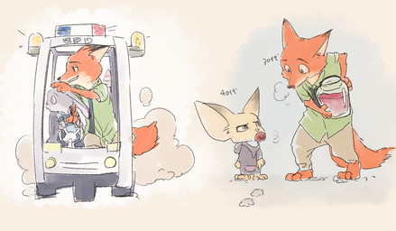 anthro female fur male object_in_mouth pacifier pacifier_in_mouth mintaro disney zootopia finnick_(zootopia) judy_hopps nick_wilde canid canine fennec_fox fox lagomorph leporid mammal rabbit red_fox true_fox