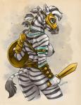 anthro armor black_body black_fur black_hair breasts bronze_weapon brown_eyes butt female fur gladiator hair melee_weapon nipples shield side_boob solo sword warrior weapon white_body white_fur white_hair caribou_(artist) equid equine mammal zebra 2018 hi_res