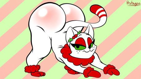 ass_up big_butt butt female feral pattern_background reddened_butt simple_background solo thick_thighs white_body protagon junipurr domestic_cat felid feline felis mammal 16:9 hi_res widescreen