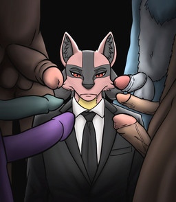anthro balls black_background black_body black_clothing black_fur black_suit black_tie_(suit) brown_balls brown_penis clothing formal_wear fur genitals glans green_penis group humanoid_genitalia humanoid_penis humor looking_at_viewer male male/male penis pink_glans purple_glans purple_penis red_body red_eyes red_fur serious_face simple_background suit surrounded_by_penises vein veiny_penis white_balls white_penis timmx john_wick nintendo pokemon colin_(colinthelucario) generation_4_pokemon lucario pokemon_(species) 2026 hi_res