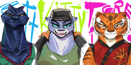anthro clothing collarbone eyebrows eyelashes female fur green_sclera grey_body grey_fur group hat headgear headwear melanistic orange_body orange_fur smile striped_body striped_fur stripes text trio whiskers white_body white_fur yellow_sclera almguav dreamworks goat_(movie) kung_fu_panda sony_corporation sony_pictures the_bad_guys jett_fillmore kitty_kat_(the_bad_guys) master_tigress felid leopard mammal pantherine snow_leopard tiger 2026 absurd_res character_name hi_res