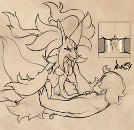 anthro anthro_penetrated breasts cowgirl_position duo female from_front_position fur genitals hair human_on_anthro human_penetrating human_penetrating_anthro interspecies lying male male/female medium_breasts nipples on_back on_bottom on_top open_mouth penetration penis pokephilia sex simple_background smile vaginal vulva blokfort nintendo pokemon canid generation_9_pokemon human mammal mega_delphox mega_evolution pokemon_(species) 2025 absurd_res hi_res monochrome sketch