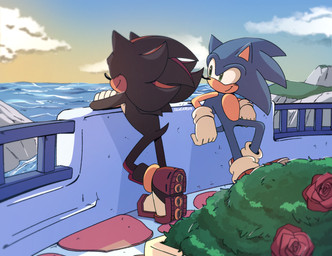 5_fingers anthro black_body black_hair black_nose blue_body blue_hair clothing duo eyes_closed fingers flower footwear gloves green_eyes hair handwear male narrow_hips outside plant red_body rock rose_(flower) shoes shrub small_tail sunset tail tan_body thin_calves thin_legs thin_thighs tuft water silvermun sega sonic_the_hedgehog_(series) shadow_the_hedgehog sonic_the_hedgehog eulipotyphlan hedgehog mammal 2021 hi_res signature