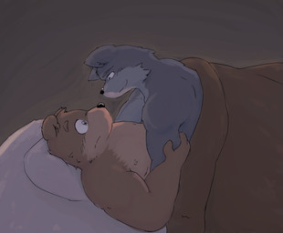 anthro bedding blanket brown_body duo humanoid_hands kemono lying male male/male pillow slightly_chubby 0ottotto0 bear canid canine mammal 2015 hi_res