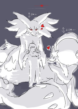 ambiguous_gender anthro bodily_fluids fangs female fur gem group hair hands_on_shoulders heart_symbol inner_ear_fluff intimidation larger_female nervous open_mouth pearl_(gem) red_eyes simple_background size_difference starfish_(accessory) sweat tail tail_motion tailwag teeth text trio tuft worldend_wolf nintendo pokemon alpha_pokemon asterozoan canid canine delphox echinoderm generation_6_pokemon generation_7_pokemon human mammal marine pokemon_(species) primarina starfish 2025 english_text hi_res