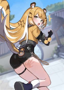animal_ears bare_legs black_bottomwear black_clothing black_shorts blonde_hair blue_clothing blue_footwear blue_shoes blurred_background blush bodily_fluids bottomwear clothing fangs female fluffy_ears footwear green_eyes grey_clothing grey_shirt grey_topwear hair hand_mark jacket long_hair markings open_mouth raised_leg rear_view shirt shoes shorts socks striped_hair striped_markings striped_tail stripes surprised tail tail_markings teardrop tears teeth topwear two_tone_tail white_clothing white_footwear white_hair white_socks yellow_clothing yellow_jacket_(clothing) yellow_topwear seorang_sr mihoyo zenless_zone_zero ju_fufu animal_humanoid felid felid_humanoid humanoid mammal mammal_humanoid pantherine pantherine_humanoid thiren tiger_humanoid absurd_res hi_res