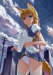 blonde_hair blue_eyes blush bottomwear braided_hair building clothed clothing clothing_lift cloud detailed_background fangs female fox_tail hair legwear long_hair looking_at_viewer outside panties polka_dot_panties polka_dots power_lines raining school_uniform short_sleeves side_braid skirt skirt_lift sky solo teeth underwear uniform wet wet_clothing white_clothing white_legwear kakuno animal_humanoid canid canid_humanoid canine canine_humanoid fox fox_humanoid humanoid mammal mammal_humanoid digital_media_(artwork)