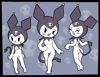 ^_^ anthro black_border black_eyes black_hood black_tail blush blush_stickers border breasts butt eyes_closed featureless_breasts featureless_crotch featureless_feet feet female female_anthro frown fur grey_background hand_on_hip hand_on_own_hip looking_aside medium_breasts multiple_poses navel open_mouth open_smile pattern_background pink_blush pose round_nose simple_background smile solo spade_tail standing tail white_body white_breasts white_fur yellow_nose squogs onegai_my_melody sanrio kuromi demon lagomorph leporid mammal rabbit
