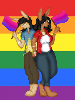 3_toes 5_fingers anthro beard bisexual_pride_colors black_hair bottomwear brown_body brown_eyes brown_fur chest_tuft clothing duo facial_hair feet female fingers fur fur_markings hair hand_on_hand interlocked_fingers lgbt_pride long_ears long_hair male markings mature_female pants paws pink_nose pride_color_flag pride_colors purple_eyes toes tuft sickbitch crossed james_flynn janice_flynn lagomorph leporid mammal rabbit 2019 3:4 absurd_res hi_res signature brother_(lore) brother_and_sister_(lore) sibling_(lore) sister_(lore)