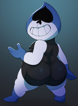 4_fingers ambiguous_gender big_butt butt clothing fingers footwear gloves gradient_background grey_background handwear legwear leotard nipple_outline not_furry overweight overweight_ambiguous overweight_humanoid rear_view simple_background smile socks solo teeth tight_clothing white_body young jerseydevil deltarune undertale_(series) lancer_(deltarune) darkner humanoid absurd_res hi_res