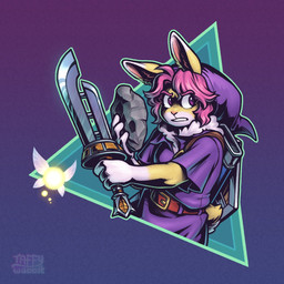 anthro belt breasts clothing cosplay duo female hair holding_mask holding_melee_weapon holding_object holding_sword holding_weapon looking_aside melee_weapon open_mouth pink_hair purple_clothing purple_eyes shield simple_background sword tail weapon yellow_body taffywabbit majora's_mask nintendo the_legend_of_zelda soleil_(keffotin) fairy lagomorph leporid mammal rabbit 1:1 2025 digital_media_(artwork) hi_res trans_(lore) trans_woman_(lore)