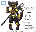 ambiguous_gender anti-materiel_rifle armor black_armor gun ranged_weapon solo text weapon vavacung helldivers humanoid kobold scalie english_text