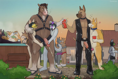 alcohol animal_mask anthro balls beverage bodily_fluids boots bottomwear bubble bulge chastity_cage chastity_device cigarette cigarette_in_mouth clothed clothing collar container cup drinking drunk drunk_bubble ear_piercing ear_ring exhibitionism eyes_closed feet fingers footwear foreskin fur genital_fluids genitals group half-erect hand_on_penis harness holding_container holding_cup holding_object hug humanoid_genitalia humanoid_penis jacket kissing leather leather_bottomwear leather_clothing leather_jacket leather_pants leather_topwear licking licking_lips licking_own_lips looking_at_another male male/male male_peeing mask muscular muscular_anthro muscular_male nude object_in_mouth open_clothing open_jacket open_topwear outdoor_nudity outside pants partially_retracted_foreskin party peeing peeing_on_ground peeing_outside peeing_together penis piercing plant public public_nudity pup_mask ring_piercing saggy_balls sandals shoes size_difference smile smoke smoking standing substance_intoxication tail thong toes tongue tongue_out topless topless_anthro topless_male topwear underwear unsupported_chastity_cage urine urine_on_ground urine_stream watersports flugeldog bird_dog canid canine canis dobermann domestic_dog equid equine felid feline golden_retriever horse hunting_dog lynx mammal pantherine pinscher retriever tiger 3:2 digital_media_(artwork) hi_res