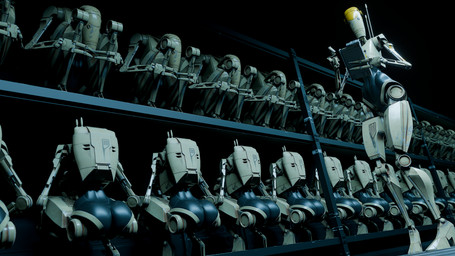 3_fingers antenna_wire backpack barely_visible_genitalia black_background butt crouching female fingers genitals group holding_object inside machine shelf simple_background standing juanratman pickle_juice_(modeler) star_wars b1_battle_droid battle_droid robot 16:9 3d_(artwork) 4k absurd_res blender_(artwork) digital_media_(artwork) hi_res widescreen