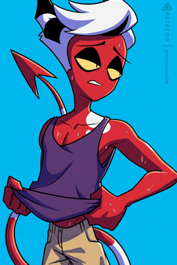 bodily_fluids clothed clothing hair horn male red_body shirt simple_background solo sweat tail tank_top topwear white_hair yellow_eyes prismanoodle hazbin_hotel hellaverse helluva_boss mythology terry_(prismanoodle) demon humanoid imp 2:3 hi_res