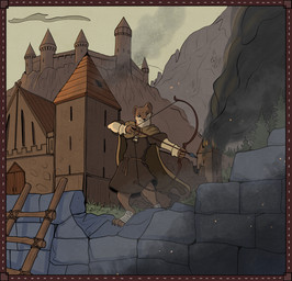 anthro beady_eyes black_tail_tip bottomless bottomless_anthro bottomless_female bow_(weapon) clothed clothing digitigrade dipstick_tail female fire holding_bow_(weapon) holding_object holding_ranged_weapon holding_weapon leg_wrap markings medieval medieval_architecture medieval_clothing medieval_style ranged_weapon smoke solo standing tail tail_markings weapon garbagegarage mammal mustelid musteline stoat true_musteline weasel hi_res