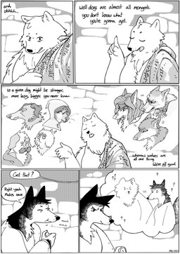 ambiguous_gender anthro armor border chainmail clothed clothed_anthro clothed_female clothing dialogue duo eating eyes_closed eyewear female food fruit fully_clothed fully_clothed_anthro fully_clothed_female fur glasses hair hood medieval plant question_mark raised_finger stippling text white_border mia_cain snjeza vesna_(mia_cain) canid canine canis domestic_dog mammal wolf absurd_res comic english_text hatching_(art) hi_res monochrome shaded