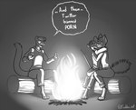 2019 anthro bonfire canid canine dialogue english_text felid freckles_(artist) greyscale group log male mammal monochrome mouse murid murine pantherine rodent tail text trio wood
