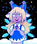 anthro antlers biped blonde_hair clothed clothing cosplay crossover_cosplay female front_view fully_clothed hair horn long_hair looking_at_viewer monotone_hair open_mouth open_smile smile snowgrave solo standing d_vaaaah deltarune touhou undertale_(series) cirno noelle_holiday deer mammal new_world_deer reindeer 2021 crossover portrait three-quarter_portrait