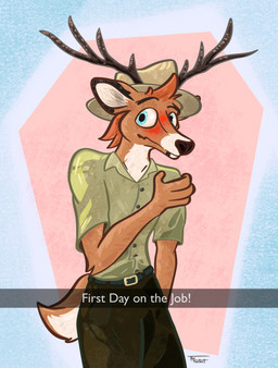 anthro antlers blue_eyes blush clothing collared_shirt hand_on_shoulder horn looking_aside male nervous nervous_smile park_ranger ranger_hat shirt solo standing text topwear the_foxitect deer mammal new_world_deer white-tailed_deer absurd_res digital_media_(artwork) english_text hi_res