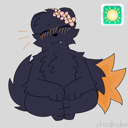 3_fingers 3_toes :3 ambiguous_gender anthro arm_tuft biped black_body black_eyebrows black_fur black_nose black_tail blush blush_lines cheek_tuft chest_tuft curled_tail dipstick_tail elbow_tuft eyebrows facial_tuft fangs feet feet_together feet_together_knees_apart fingers flower flower_accessory flower_crown flower_on_head fluffy fluffy_chest front_view fur gameplay_mechanics grey_background handpaw hands_together hands_together_elbows_apart happy head_tuft hindpaw looking_at_viewer markings moodles nude nude_ambiguous nude_anthro orange_blush orange_body orange_fur orange_tail_tip paws pink_flower plant raised_eyebrows shoulder_tuft simple_background sitting snaggle_tooth solo sun_symbol tail tail_markings teeth text toes tuft zhodholm casualties:_unknown canid canine expie_(gunsawian) fox gunsawian hybrid mammal murid murine rat rodent 1:1 2026 artist_name colored digital_drawing_(artwork) digital_media_(artwork) hi_res portrait sketch watermark