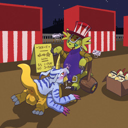 all_fours anus backsack balls belly bodily_fluids carnival_game clothing competition deep_throat genitals hammer hat headgear headwear horn humanoid_genitalia humanoid_penis humor male male/male oral oral_penetration outside penetration penis plushie saliva sex sexual_competition sign sky star starry_sky text tools top_hat yellow_body argon_vile bandai_namco digimon armadillomon digimon_(species) gabumon 1:1 hi_res