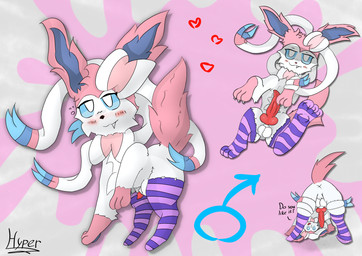 all_fours blush clothing erection feral fur genitals knot knotted_penis legwear looking_at_viewer lying male on_back pawpads paws penis pink_body pink_fur question question_mark ribbons solo squeezing text thigh_highs white_body white_fur ne_hyper nintendo pokemon fan_character eeveelution generation_6_pokemon pokemon_(species) sylveon absurd_res hi_res