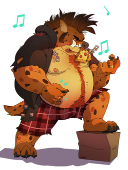 air_guitar anthro belly boxers_(clothing) brown_body brown_fur brown_hair bulge chain clothed clothing food fur hair male male_anthro mohawk moobs musical_note musical_symbol nipples open_clothing open_shirt open_topwear overweight overweight_anthro overweight_male partially_clothed partially_clothed_anthro partially_clothed_male pizza shirt solo standing step_pose symbol tail tan_body tan_fur teeth topwear tusks underwear sinibun_95 syrus_hyena hyena mammal spotted_hyena 3:4 hi_res