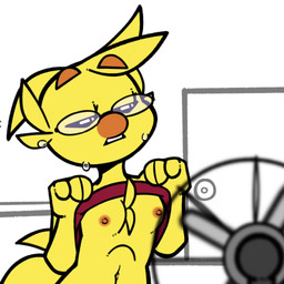 anthro beak bodily_fluids breasts cheek_tuft chest_tuft clothed clothing clothing_lift door eyebrows eyes_closed eyewear facial_tuft fan_(object) feathers female glasses navel nipples non-mammal_breasts non-mammal_nipples orange_beak orange_eyebrows shirt shirt_lift solo sweat sweatdrop tail teeth topwear tuft yellow_body yellow_feathers conditional_dnp thehenwithatie sunny_(thehenwithatie) avian bird chicken galliform phasianid 1:1 2025 2d_animation absurd_res animated hi_res high_framerate huge_filesize loop motion_tweening no_sound short_playtime video
