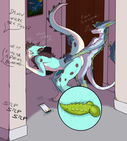 almost_caught anal anal_knotting anal_penetration anthro blue_penis blush exhibitionism fur genitals green_penis internal internal_anal knot knotted_penis knotting looking_pleasured male male/male moan multicolored_body multicolored_fur penetration penile penile_penetration penis penis_in_ass phone_call ridged_knotted_penis ringing_phone sex spiked_tail spikes spikes_(anatomy) stealth_sex tail underbelly x-ray_view denndart raxis freakhound vernid hi_res