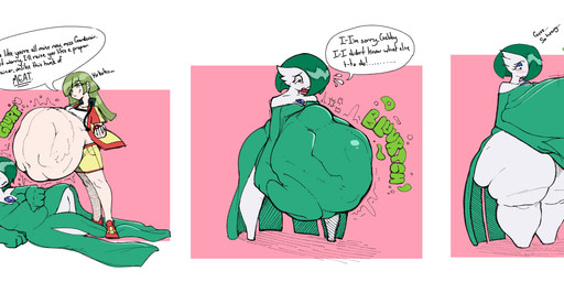 after_vore belly big_belly death digestion female female_pred female_prey green_hair group hair human_prey overweight speech_bubble text thick_thighs trio vore weight_gain fourofour nintendo pokemon gabrielle_(maniacalfork) ringo_(maniacalfork) chikorita gardevoir generation_2_pokemon generation_3_pokemon human mammal pokemon_(species) 2023 absurd_res hi_res