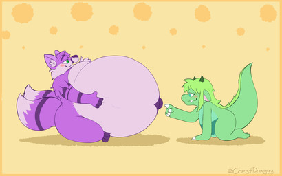 2_tails anthro blue_eyes blush border fur green_body green_eyes green_hair green_tail hair horn hyper hyper_inflation inflation multi_tail orange_background pattern_background pink_body pink_fur poking_belly purple_body purple_fur rumbling_stomach simple_background tail text crestdraggy mythology crestdraggy_(character) isaac_(abritishfox) canid canine dragon fox mammal mythological_creature mythological_scalie scalie 16:10 2025 animated artist_name loop seamless_loop widescreen