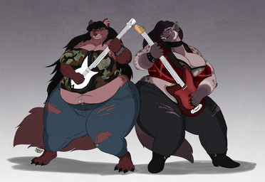 anthro belly big_belly big_breasts breasts duo ear_piercing ear_ring electric_guitar eyes_closed facial_piercing female guitar hyper looking_at_another looking_at_partner musical_instrument navel navel_piercing nose_piercing nose_ring obese overweight piercing playing_music plucked_string_instrument ring_piercing septum_piercing septum_ring smile string_instrument thick_thighs wide_hips sketchiest_affairs roxanne_(skarlett_cynder) hyena mammal