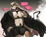 anthro areola barazoku barely_visible_genitalia barely_visible_penis big_muscles big_penis biped black_clothing black_jacket black_sclera black_topwear cigarette clothing collar erection eyewear eyewear_on_head fur genitals glans humanoid_genitalia humanoid_penis jacket male muscular muscular_anthro muscular_male nipple_piercing nipple_ring nipples penis piercing red_collar ring_piercing smoking smoking_cigarette solo sunglasses sunglasses_on_head topwear white_body white_fur kitai_su canid canine canis mammal wolf absurd_res hi_res