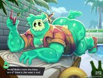 alcohol barefoot bedding beer belly beverage big_butt butt clothed clothing feet footwear lying male nude on_front outside overweight overweight_male partially_clothed plant pool_chair pool_toy poolside sandals shoes slightly_chubby slime solo swimming_pool text topwear towel translucent water el_booki doug_(monster_con) goo_creature humanoid absurd_res english_text hi_res