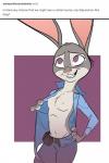 anthro breasts clothed clothing erect_nipples female flashing nipples open_clothing open_shirt open_topwear pubes shirt smile solo text topwear tumblr_ask undressing fluttershythekind disney tumblr zootopia judy_hopps european_rabbit lagomorph leporid mammal oryctolagus rabbit absurd_res english_text hi_res