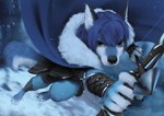 action_pose anthro barefoot black_nose blue_hair bow_(weapon) canid canine canis digital_media_(artwork) digital_painting_(artwork) feet hair hi_res holding_object holding_ranged_weapon holding_weapon looking_at_viewer mammal pose ranged_weapon snow solo wayn_animation weapon wolf