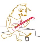 clothing curb guitar looking_down male musical_instrument playing_music plucked_string_instrument sharp_teeth shirt sidewalk solo string_instrument stripes tail tank_top teeth topwear the_weaver pack_street ozzy_(weaver) hyena mammal