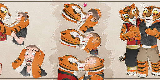 anthro arm_around_shoulders asian_clothing blue_eyes bottomwear chinese_clothing chinese_dress clone_transformation clothing dress duo east_asian_clothing female female/female french_kissing fur gender_transformation grabbing_head hand_holding heart_symbol holding_head human_on_anthro interspecies kiss_on_lips kissing male male/female mtf_transformation open_mouth orange_body orange_eyes orange_fur selfcest shirt shocked shorts size_difference size_transformation species_transformation square_crossover surprised t-shirt tail text tongue topwear torn_clothing transformation transformation_sequence twinning whiskers yellow_eyes axiomtf cervalt dreamworks kung_fu_panda master_tigress felid human mammal pantherine tiger absurd_res chinese_text hi_res