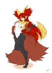 anthro black_sclera breasts female fur inner_ear_fluff looking_at_viewer nipple_dip nipples nude simple_background smile solo tuft yellow_body yellow_fur mirapony nintendo pokemon canid delphox generation_6_pokemon mammal pokemon_(species) 2019 absurd_res hi_res