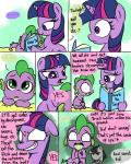 book dialogue doll duo female feral hair horn multicolored_hair tail text young emositecc friendship_is_magic hasbro my_little_pony mythology smartypants_(mlp) spike_(mlp) twilight_sparkle_(mlp) dragon equid equine mammal mythological_creature mythological_equine mythological_scalie scalie unicorn 2017 4:5 comic english_text