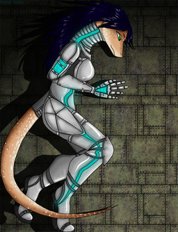 anthro blue_hair brown_body brown_skin dark female green_eyes hair long_hair metal solo spacesuit tail eliana-asato lizard reptile scalie 2012 hi_res