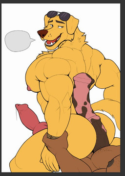 animal_genitalia animal_penis anthro big_penis bodily_fluids brown_body brown_penis canine_genitalia canine_penis duo empty_speech_bubble equine_genitalia equine_penis eyewear fur genital_fluids genitals knot male male/male muscular open_mouth penis penis_on_butt pink_penis red_penis simple_background speech_bubble sunglasses white_background yellow_body yellow_fur hungrypaws bojack_horseman netflix bojack_horseman_(character) mr._peanutbutter bird_dog canid canine canis domestic_dog equid equine golden_retriever horse hunting_dog mammal retriever 2025