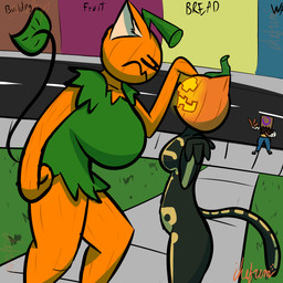 angry anthro big_breasts breasts clothed clothing duo female female/female food for_a_head fruit glowing glowing_eyes group huge_breasts orange_body plant pumpkin pumpkin_head solo trio chefrens epic_games fortnite gatabaza_(chefrens) sethra_(chefrens) spice_(fortnite) domestic_cat felid feline felis mammal object_head reptile scalie snake 1:1 hi_res